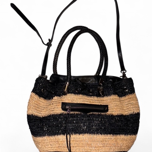Rebecca Minkoff Handbags - Rebecca Minkoff Straw Leather Satchel Black Tan Summer bag